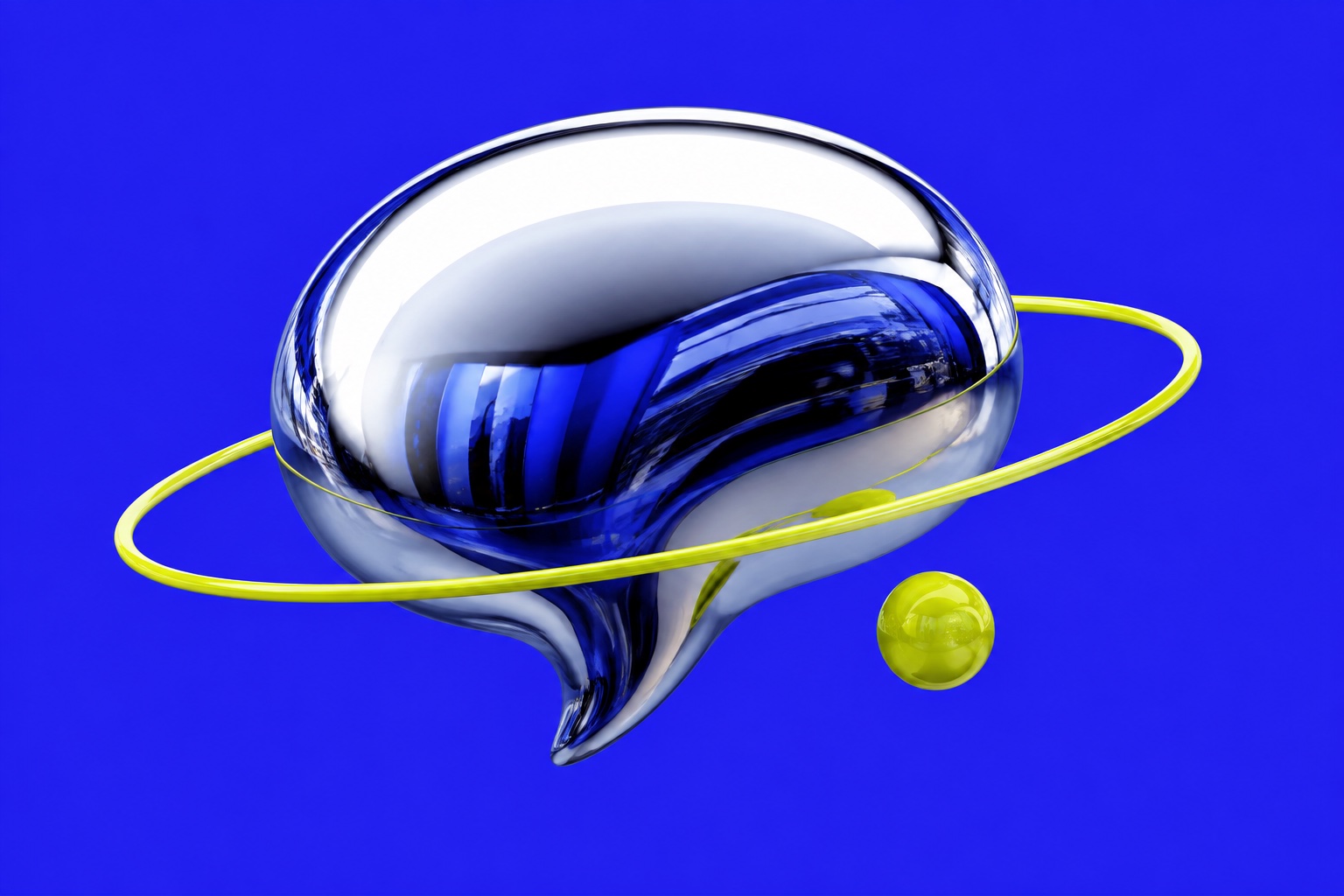 Vloeibaar ogende chromen chatballon op een blauwe achtergrond